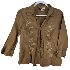 JM Collection Brown 100% Linen Embroidered Floral 3/4 Sleeve Button Down Top 10